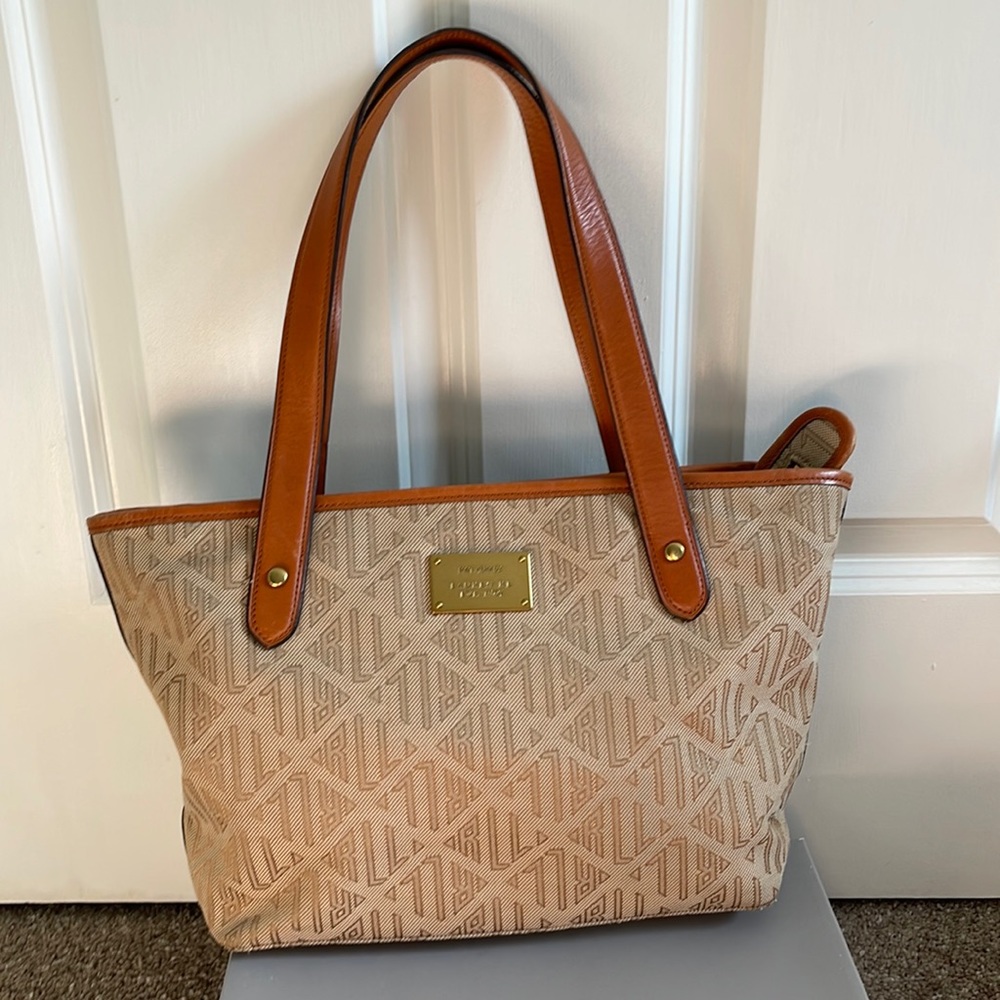 Ralph Lauren logo cloth handbag with leather trim